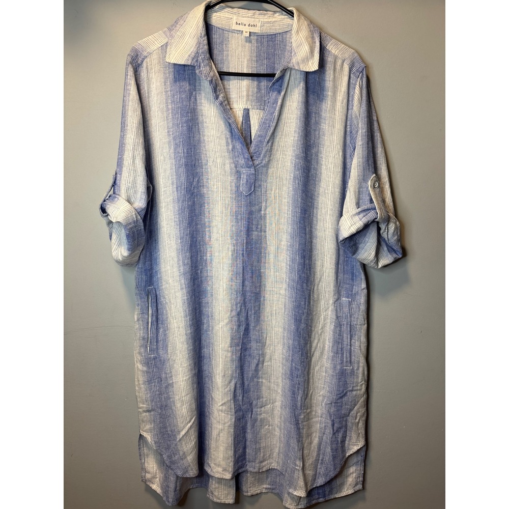 Bella Dahl Aline 3/4 Sleeve Blue White Striped Linen Blend Roll Tab Shirt Dress